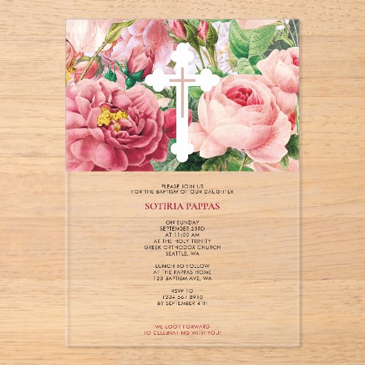 バプテスマ《キリスト教》洗礼式や命名式バプテスムガールピンクローズ アクリル招待状 (正面)