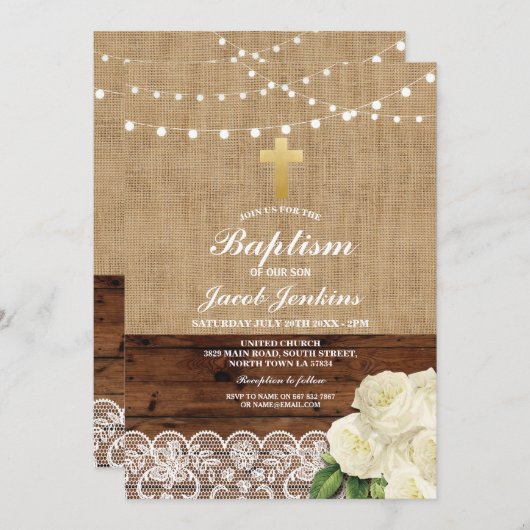 バプテスマ《キリスト教》洗礼式や命名式バラバーラップウッドレース 招待状 (正面/裏面)