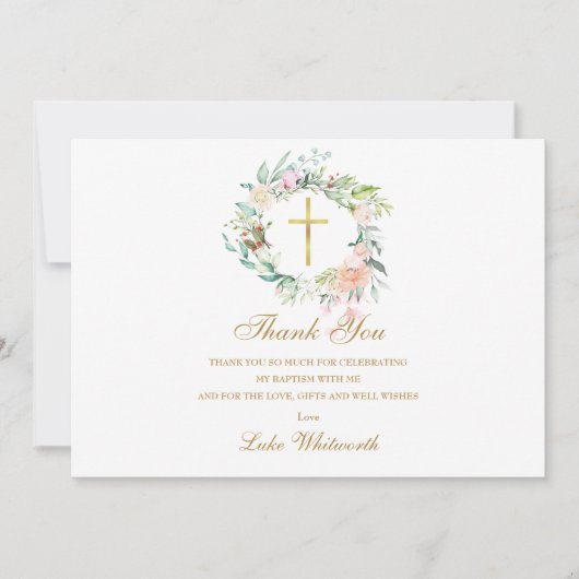 バプテスマ《キリスト教》洗礼式や命名式バラフローラ写真金ゴールド サンキューカード (正面)