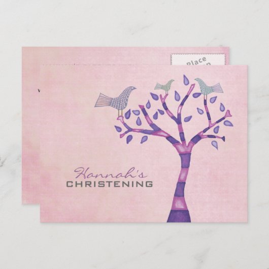 バプテスマ《キリスト教》洗礼式や命名式バードトリオインツリーパーティー招待状 案内ポストカード (正面/裏面)