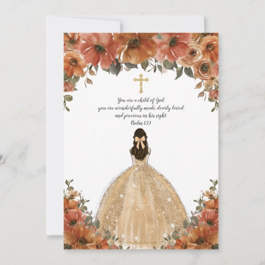 バプテスマ《キリスト教》洗礼式や命名式バーントオレンジ秋フローラ金ゴールド 招待状 (裏面)