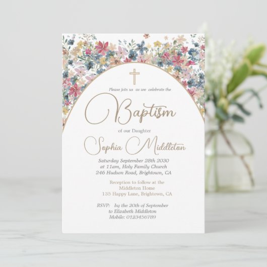 バプテスマ《キリスト教》洗礼式や命名式フォトピンクフローラ宗教 招待状 (スタンド正面)