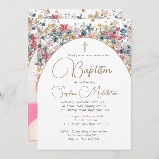 バプテスマ《キリスト教》洗礼式や命名式フォトピンクフローラ宗教 招待状 (正面/裏面)