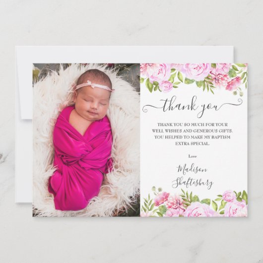 バプテスマ《キリスト教》洗礼式や命名式フォトピンクローズフローラ サンキューカード (正面)