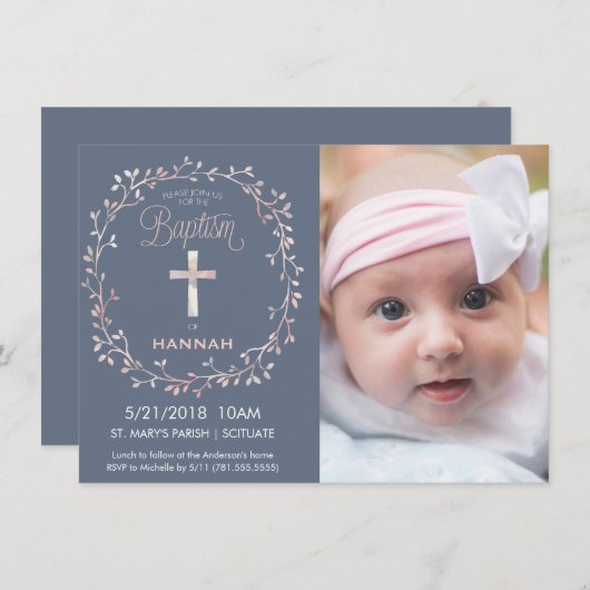 バプテスマ，《キリスト教》洗礼式や命名式フォト招待状 – ベビーガール 招待状 (正面/裏面)