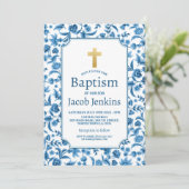 バプテスマ《キリスト教》洗礼式や命名式ブルーホワイトフローラ金ゴールドクロス 招待状 (スタンド正面)