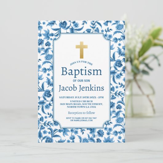 バプテスマ《キリスト教》洗礼式や命名式ブルーホワイトフローラ金ゴールドクロス 招待状 (スタンド正面)