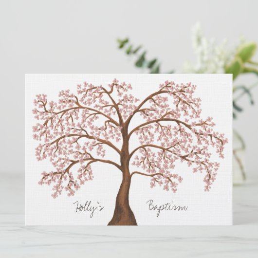 バプテスマ《キリスト教》洗礼式や命名式ホワイトピンクさくらんぼブロッサムツリー 招待状 (スタンド正面)