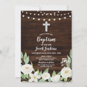 バプテスマ《キリスト教》洗礼式や命名式ホワイトフラワーズ素朴ウッド 招待状 (正面)