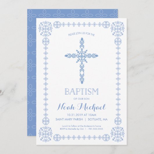 バプテスマ、《キリスト教》洗礼式や命名式ボーイズ招待状エレガントクロス 招待状 (正面/裏面)