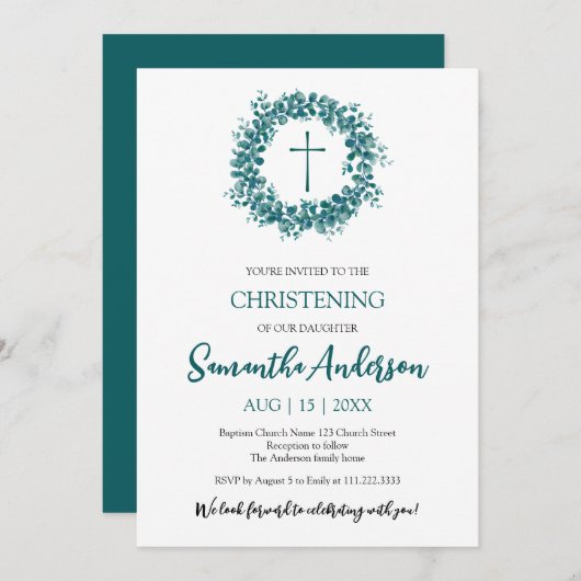バプテスマ《キリスト教》洗礼式や命名式ユーカリプスグリーンリミナリスト 招待状 (正面/裏面)