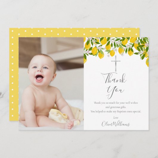 バプテスマ《キリスト教》洗礼式や命名式レモンズシルバークロスフォト サンキューカード (正面/裏面)