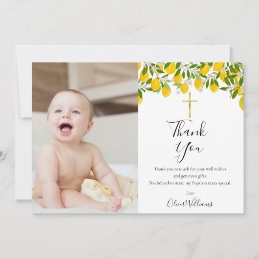 バプテスマ《キリスト教》洗礼式や命名式レモンズ金ゴールドクロス写真 サンキューカード (正面)