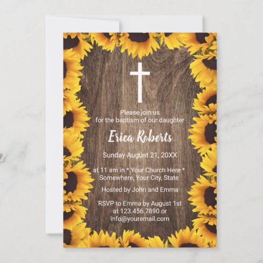 バプテスマ《キリスト教》洗礼式や命名式ヴィンテージひまわり枠 招待状 (正面)