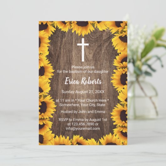 バプテスマ《キリスト教》洗礼式や命名式ヴィンテージひまわり枠 招待状 (スタンド正面)