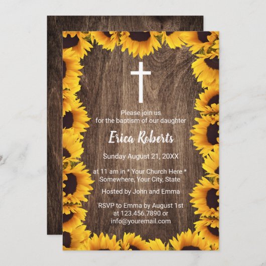 バプテスマ《キリスト教》洗礼式や命名式ヴィンテージひまわり枠 招待状 (正面/裏面)