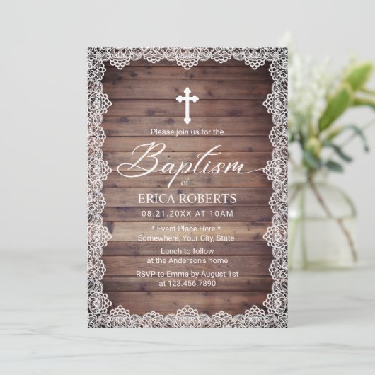 バプテスマ《キリスト教》洗礼式や命名式ヴィンテージレース素朴木製 招待状 (スタンド正面)