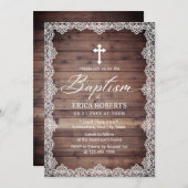 バプテスマ《キリスト教》洗礼式や命名式ヴィンテージレース素朴木製 招待状 (正面/裏面)