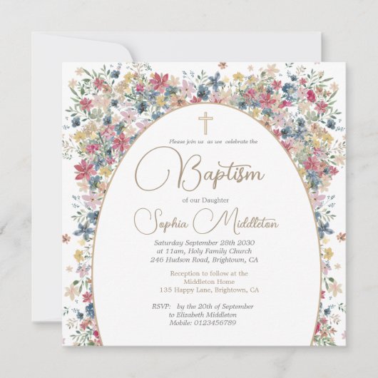 バプテスマ《キリスト教》洗礼式や命名式個人フォトフィールド花 招待状 (正面)
