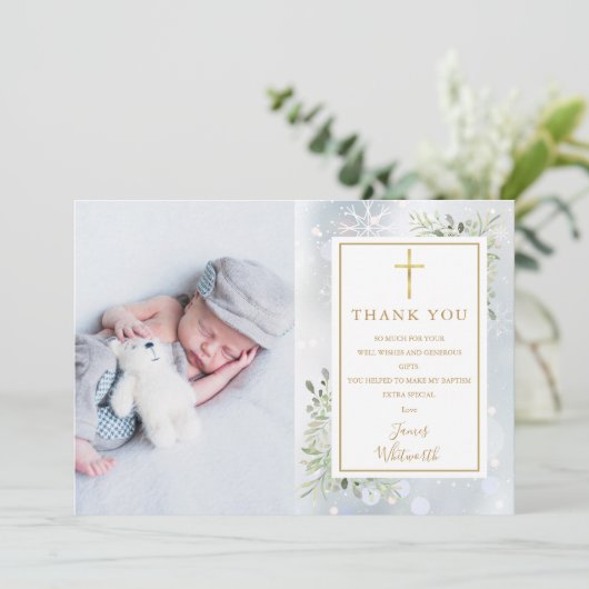 バプテスマ《キリスト教》洗礼式や命名式冬の雪片の写真 サンキューカード (スタンド正面)