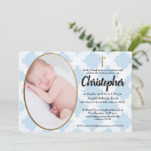 バプテスマ《キリスト教》洗礼式や命名式招待ブルー&金ゴールド 招待状 (スタンド正面)