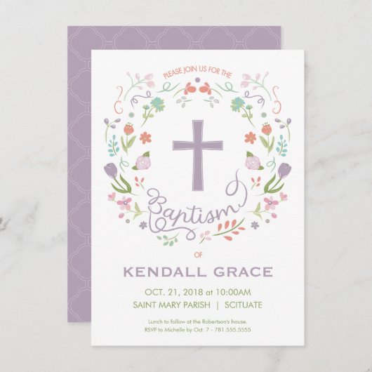 バプテスマ，《キリスト教》洗礼式や命名式招待状のための女の子 – カスタム 招待状 (正面/裏面)