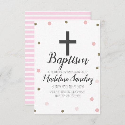 バプテスマ《キリスト教》洗礼式や命名式紙吹雪ピンクフォイル金ゴールドドット 招待状 (正面/裏面)