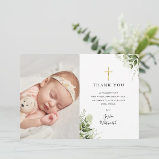 バプテスマ《キリスト教》洗礼式や命名式素朴グリーンリー写真 サンキューカード (スタンド正面)