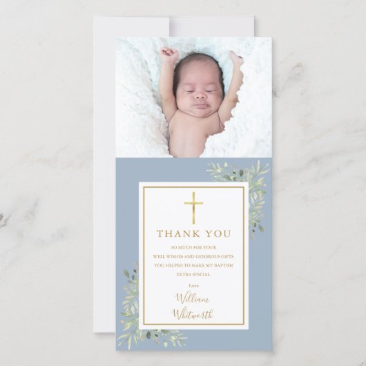 バプテスマ《キリスト教》洗礼式や命名式緑のフォトブルー サンキューカード (正面)