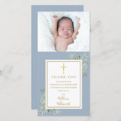 バプテスマ《キリスト教》洗礼式や命名式緑のフォトブルー サンキューカード (正面/裏面)