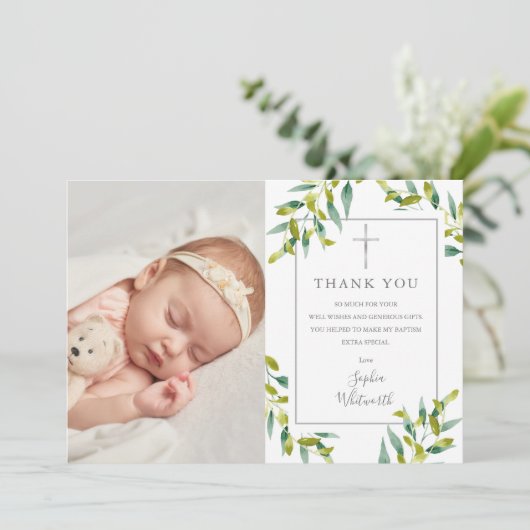 バプテスマ《キリスト教》洗礼式や命名式緑の葉写真 サンキューカード (スタンド正面)