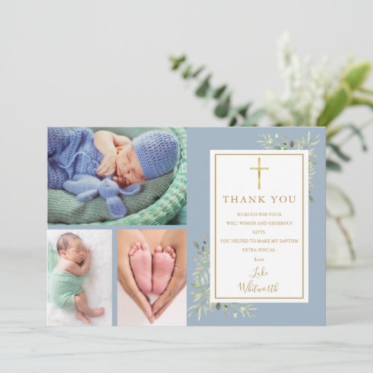 バプテスマ《キリスト教》洗礼式や命名式緑3 Photo Dusty Blue サンキューカード (スタンド正面)
