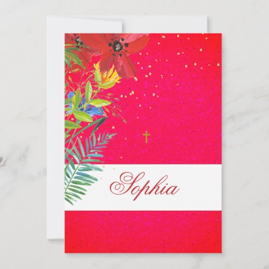 バプテスマ《キリスト教》洗礼式や命名式赤ワイルドフラワー宗教的 招待状 (裏面)