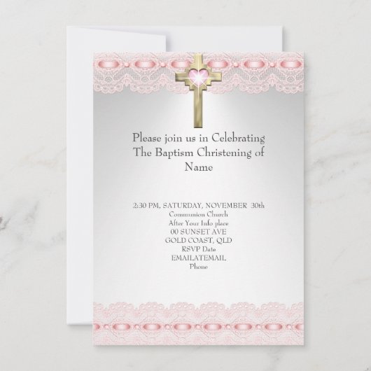 バプテスマ《キリスト教》洗礼式や命名式金ゴールドクロスガールズピンク2 招待状 (裏面)