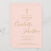 バプテスマ《キリスト教》洗礼式や命名式金ゴールドクロス赤面ピンクQRコード 招待状 (正面/裏面)