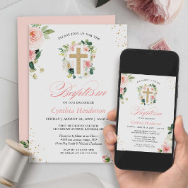 バプテスマ《キリスト教》洗礼式や命名式金ゴールド赤面ピンクフローラクロス 招待状