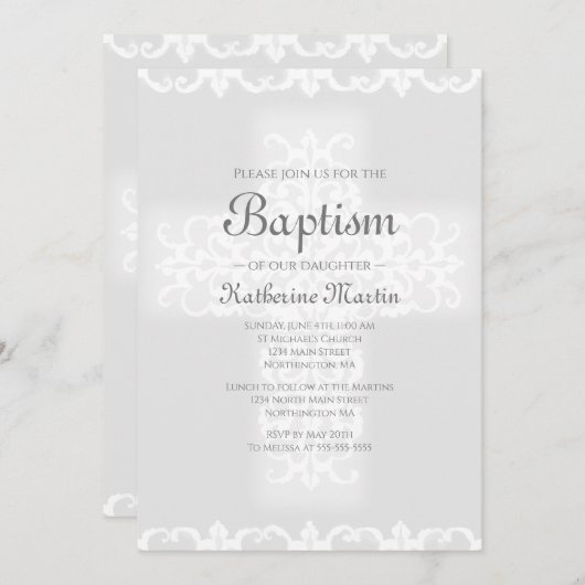 バプテスマ·クリスチャン·クロス·グレー·ダマスク·ガール 招待状 (正面/裏面)