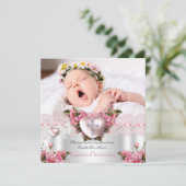 バプテスマ ピンク シルバー 写真 ハート 十字架 少女 バラ 2 招待状 (スタンド正面)