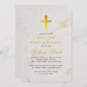 バプテスマ&ファースト誕生日フェイク金ゴールドクロス大理石 招待状 (正面/裏面)