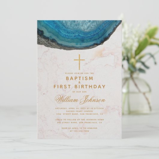 バプテスマ&ファースト誕生日ブルーゲーデ金ゴールドクロスボーイ 招待状 (スタンド正面)