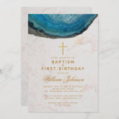 バプテスマ&ファースト誕生日ブルーゲーデ金ゴールドクロスボーイ 招待状 (正面/裏面)