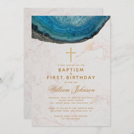 バプテスマ&ファースト誕生日ブルーゲーデ金ゴールドクロスボーイ 招待状 (正面/裏面)