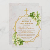 バプテスマ&ファースト誕生日金ゴールドリリーマーブルフローラ 招待状 (正面/裏面)