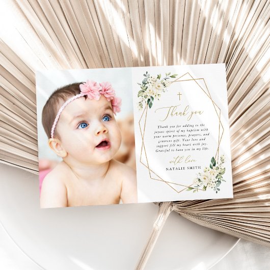 バプテスマ+ホワイトフラワー+グリーン サンキューカード