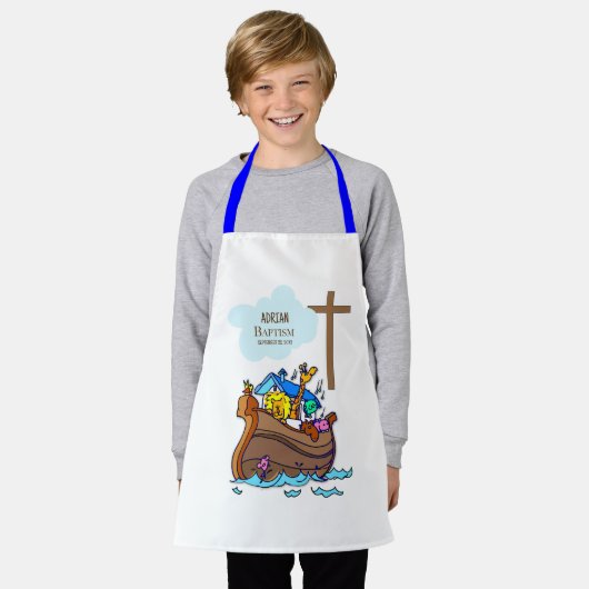 バプテスマ・ボーイ・ノアの箱舟、かわいい動物パーソナライズされた エプロン (着用した状態)