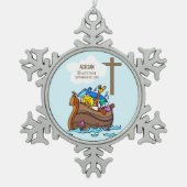 バプテスマ・ボーイ・ノアの箱舟、かわいい動物パーソナライズされた スノーフレークピューターオーナメント (正面)