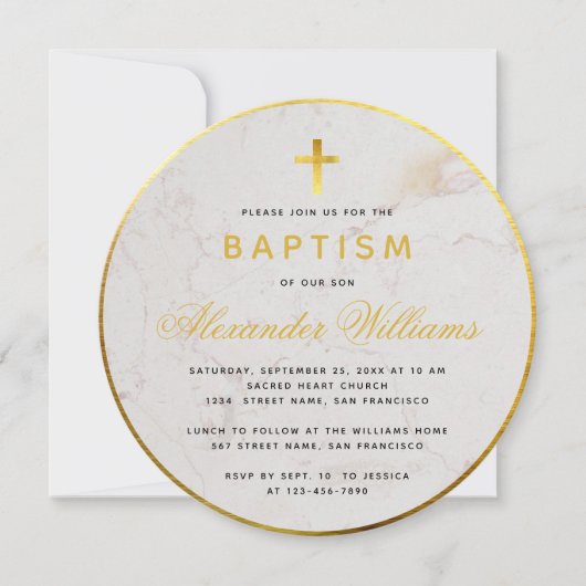 バプテスマ 偽物の金箔 大理石 書道 ラウンド 招待状 (正面)