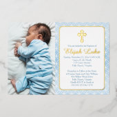 バプテスマ |男の子の永遠リングや輪が写真を交差 箔招待状 (正面)