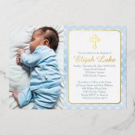 バプテスマ |男の子の永遠リングや輪が写真を交差 箔招待状 (正面)