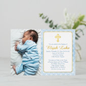 バプテスマ |男の子の永遠リングや輪が写真を交差 箔招待状 (立ち正面)